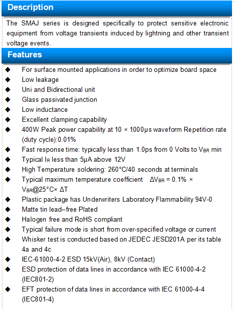 5V Surface Mount TVS Diodes SMAJ5.0A Unidirectional Transient Voltage Suppressor 1