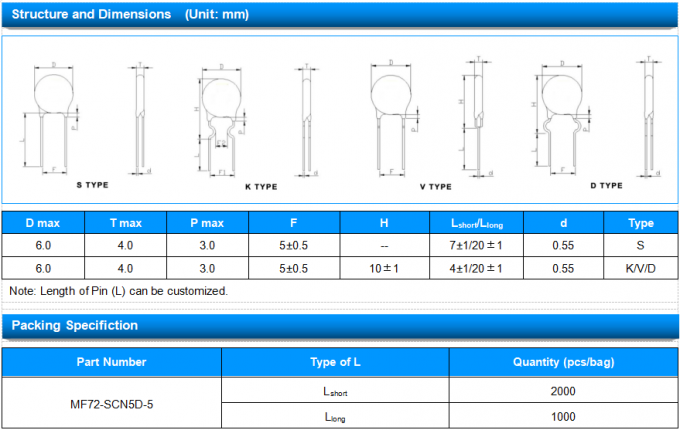 Ф5mm Power NTC Thermistor 47μF MF72-SCN5D-5 For Limiting Inrush Current 1