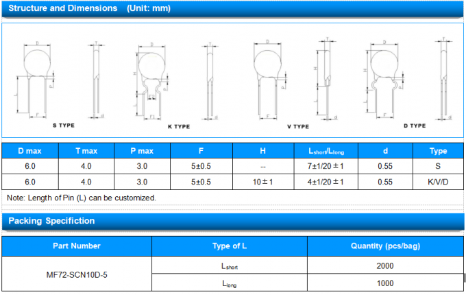 10Ω NTC Negative Temp Coefficient Thermistor MF72-SCN10D-5 771mΩ Resistance Under Load 2