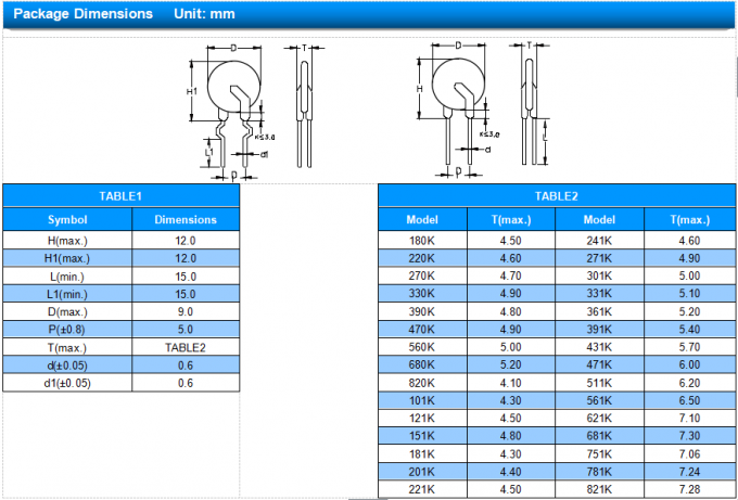 07D Series MOV Metal Oxide Varistor 07D820K / 07D820KJ Ф7mm 82V Voltage 1200A 3