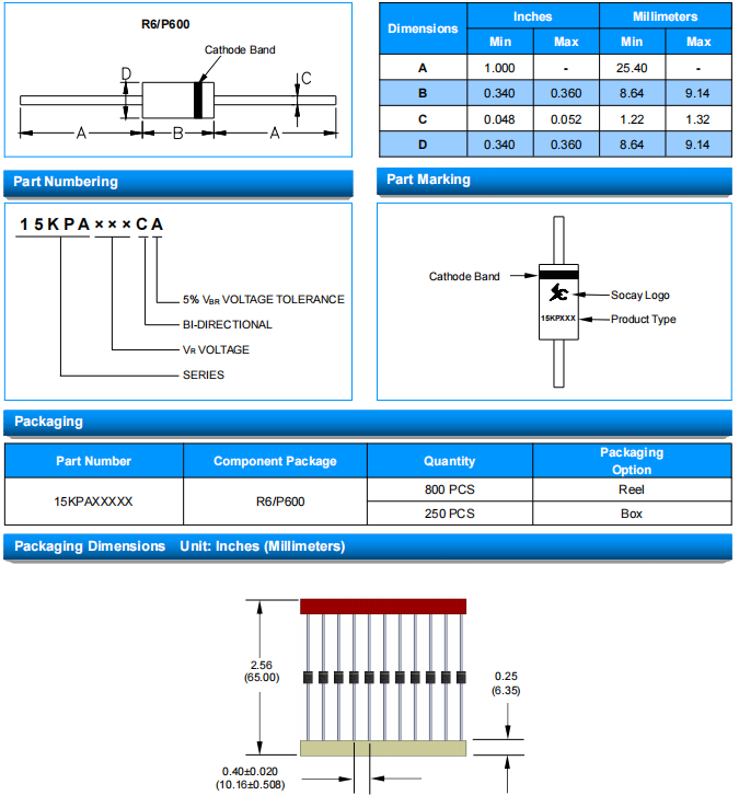 SOCAY TVS Diodes 15KPA Series Axial Lead Transient Voltage Suppressors 15000W 4