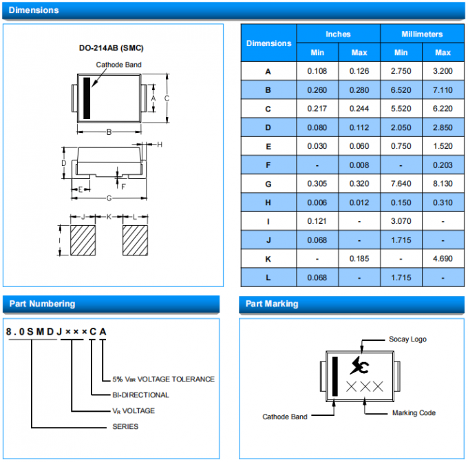 Socay TVS Bidirectional TVS Diodes 8.0SMDJ SMC 22V 8000W Surface Mount Transient Voltage Suppressor 6