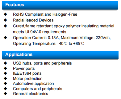 Radial Lead Resettable Polymer PTCs SC250-180CW0D 220Vdc PPTC Resettable Fuse 0