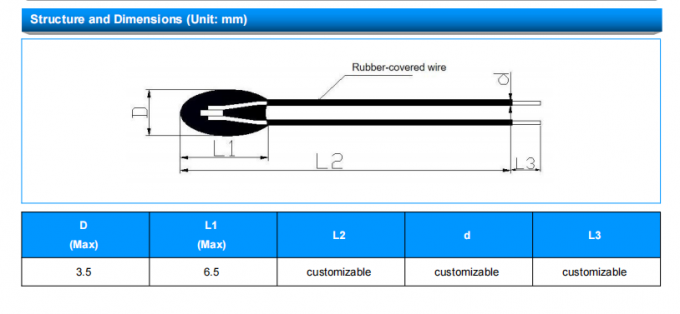Customizable Foot Length NTC Thermistor with B Constant 3470±1% and Resistance 2±1% at 25C 0